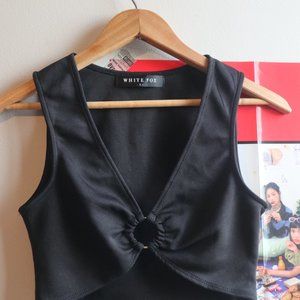 White Fox Black Crop Top (plunging neckline with ring centerpiece)